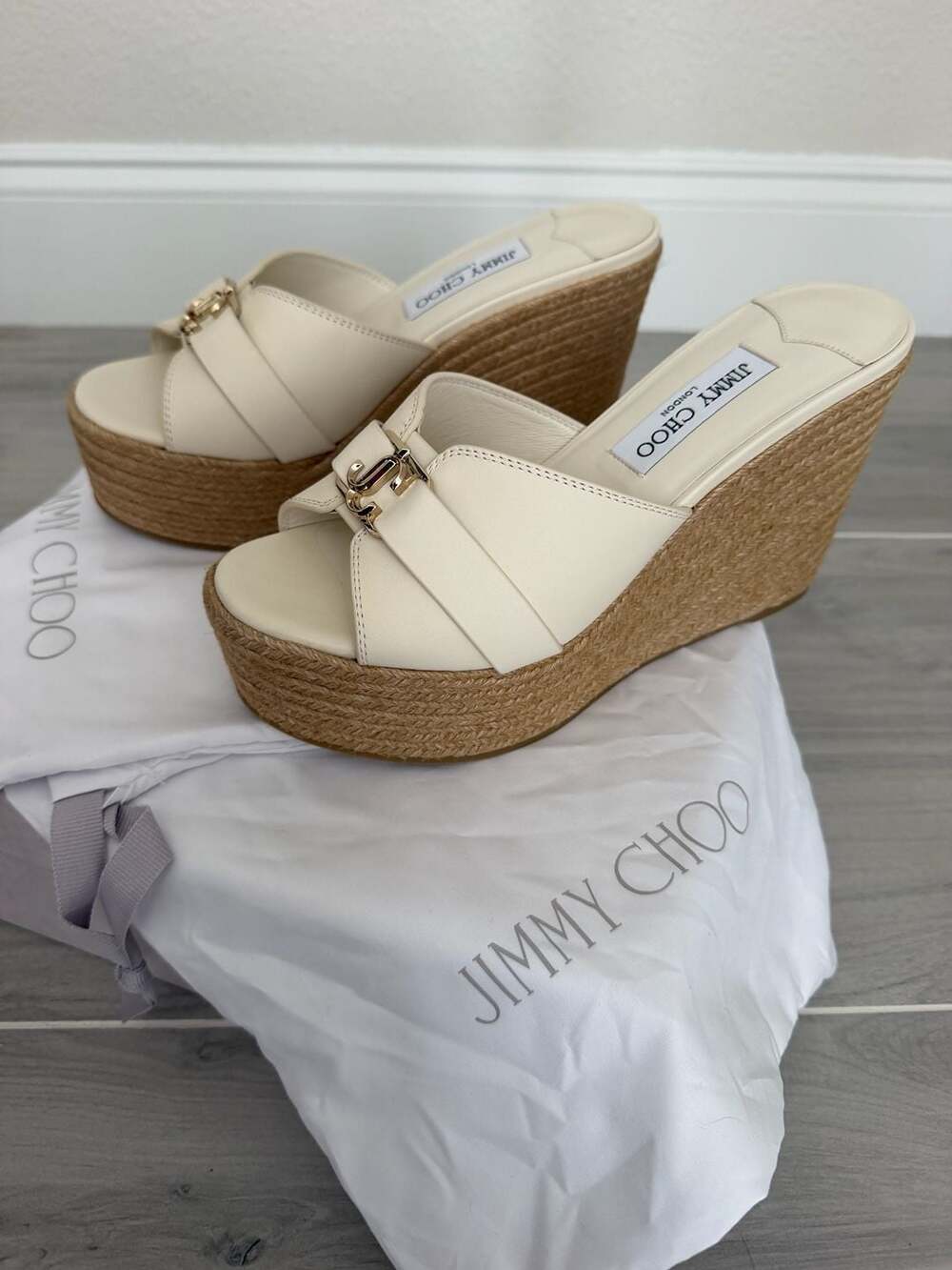 Jimmy Choo Leda Wedge 100 Latte/Gold Espadrille Sandals Size 38.5